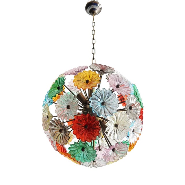 Sputnik Pendant Light with 51 Flowers in Multicolored Glass and Burnished Brass from Justfurnituress SRL For Sale