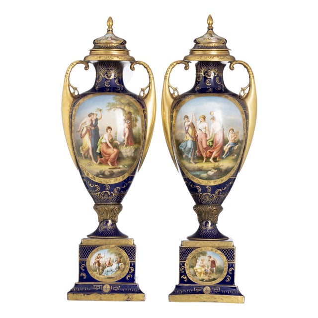 Porcelain Vases with Lids from Royal Vienna, 19th Century, Set of 2 For Sale