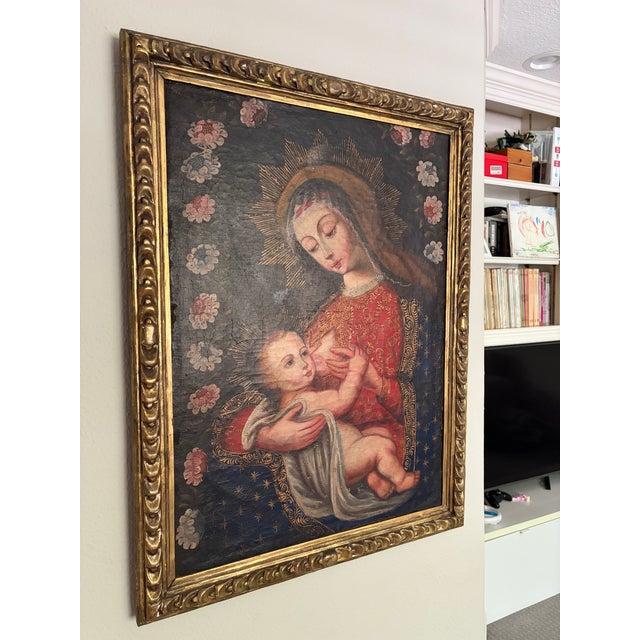 Attributed Cusco School Madonna & Child Oil on Canvas, Peru, 19th Century or Earlier, Family Provenance For Sale - Image 14 of 18