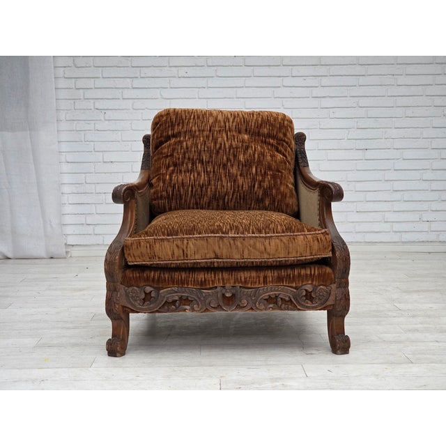 1930-35s, Danish armchairs. Brown furniture velour, furniture mesh, carved ash wood. Original good condition: no smells,...