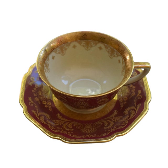 White Vintage 30s Heinrich and Co. Selb H & C Bavaria German Porcelain Red and Gold Encrusted Tea Cup and Saucer With Desert Plate - Service for 3 For Sale - Image 8 of 12