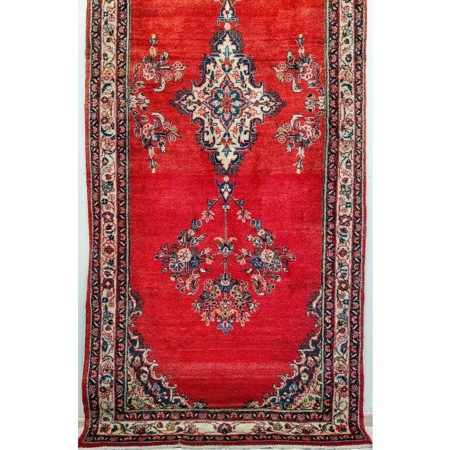 Vintage Persian Hamadan Wide Runner, Hand-Knotted Wool, Open Field Geometric Pattern, Red & Ivory. 4x10 For Sale - Image 12 of 18