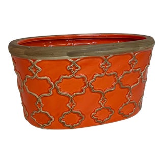 Vintage Orange Ceramic Planter With Raised Moroccan Design For Sale