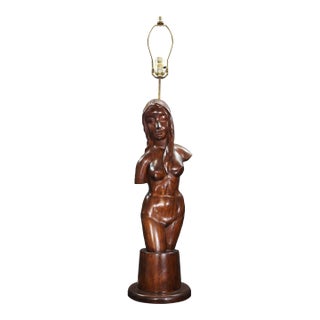 Large Vintage Hand Carved Wooden Nude Woman Lamp For Sale
