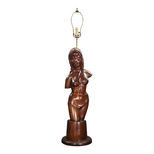 Large Vintage Hand Carved Wooden Nude Woman Lamp For Sale
