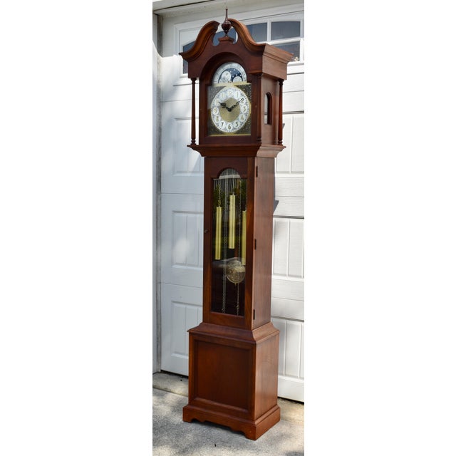 Wood Hermle Alexandria Grandfather Clock Cherry Wood Moon Phase Westminster Chime For Sale - Image 7 of 15