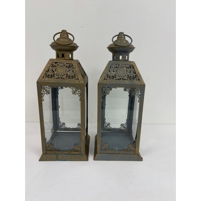 Boho Chic Pair of Metal Lanterns With Glass Panels For Sale - Image 3 of 9
