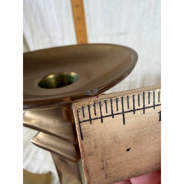 Pair of Vintage Indian Brass Geometric Candlesticks 11” For Sale In Portland, OR - Image 6 of 9