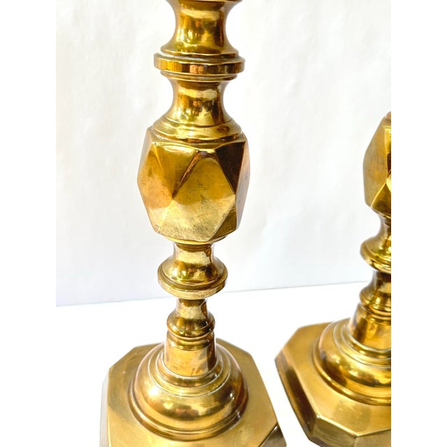 English Late 19th Century Antique King of Diamonds Brass Candlesticks English, a Pair For Sale - Image 3 of 9