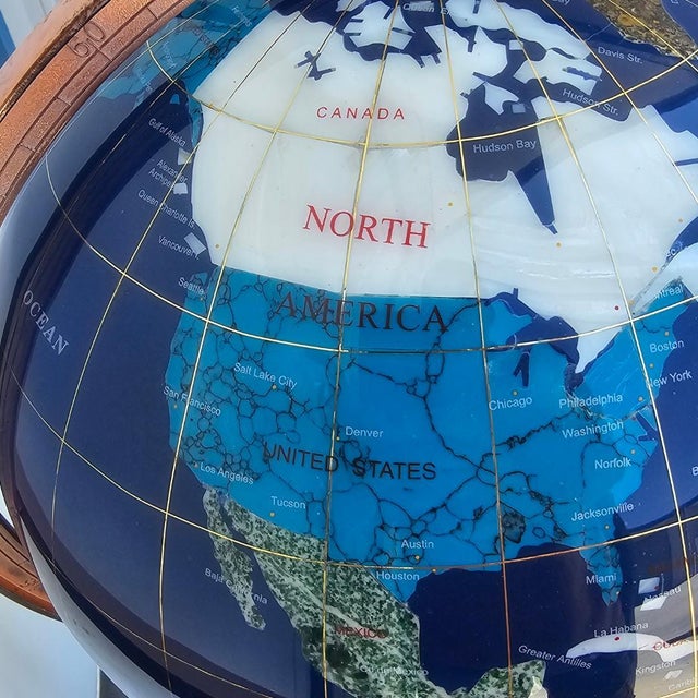 Vintage Gemstone Globe Lapis Lazuli and Semi Precious Stones Worldglobe on Stand For Sale - Image 16 of 17