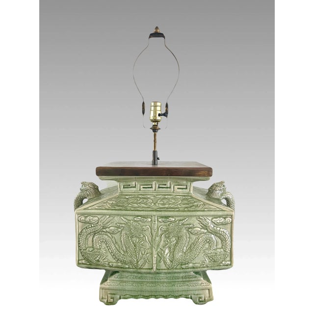Large Celadon Crackle Ware Double Dragon Handled Converted Temple Censer Table Lamp (Artist Signed) For Sale - Image 4 of 14