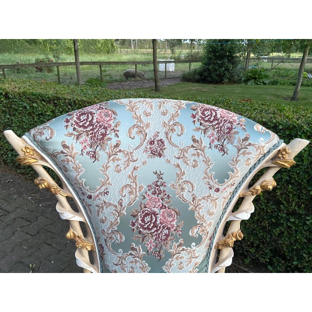 1970 Louis XVI White Beech Turquoise Lounge Chairs-Pair For Sale - Image 10 of 12