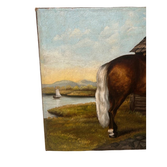 A stunning oil on canvas painting with a horse & dog in the foreground. The background consists of a small house or...