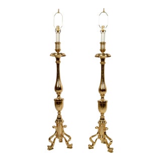 Pair of Brass Floor Lamps in Candlestick-Form For Sale