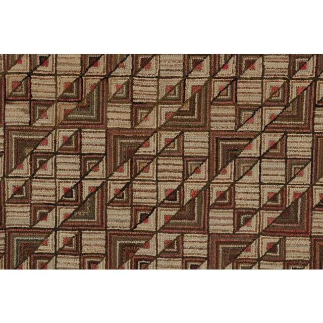 1920s Antique Hooked Rug With Beige-Brown Geometric Patterns, From Rug & Kilim For Sale - Image 5 of 7