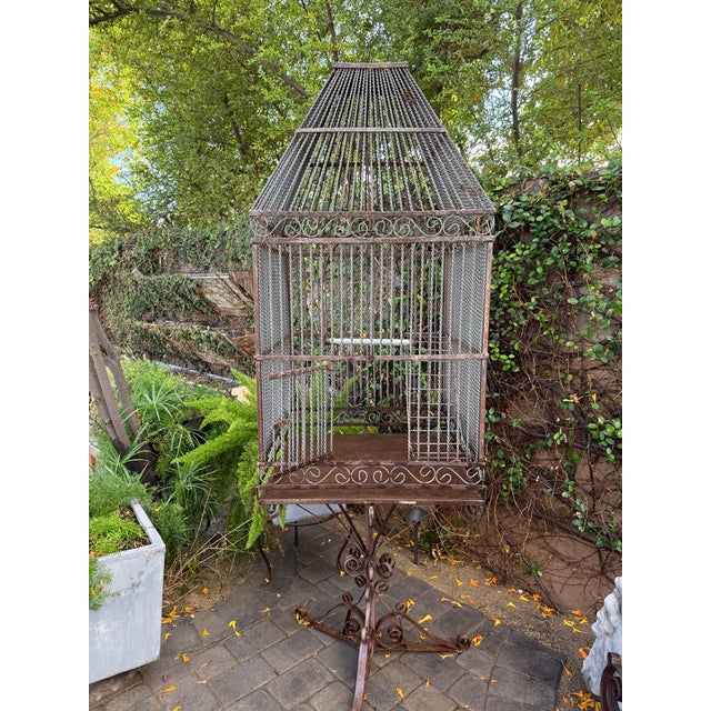 Monumental 77-Inch Custom Artisan Hand-Welded Wrought Iron Pagoda Aviary (Birdcage) on Stand For Sale - Image 11 of 12
