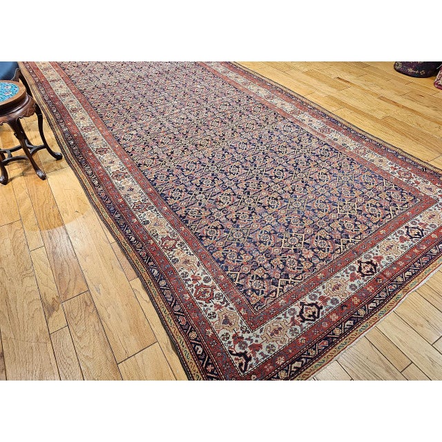19th Century 19th Century Persian Farahan Gallery Rug, Hand-Knotted Wool, Allover Herati Geometric Pattern, Ivory & Red, 7x16 For Sale - Image 5 of 15