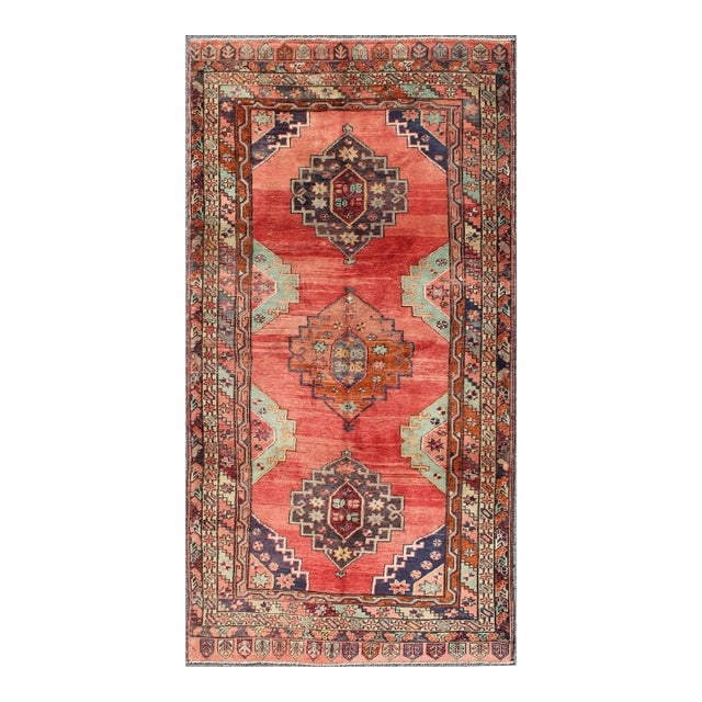 Vintage Turkish Oushak Rug in Bold Coral Red With Navy, Teal, and Burnt Orange 4'10 X 9'8 For Sale