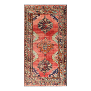 Vintage Turkish Oushak Rug in Bold Coral Red With Navy, Teal, and Burnt Orange 4'10 X 9'8