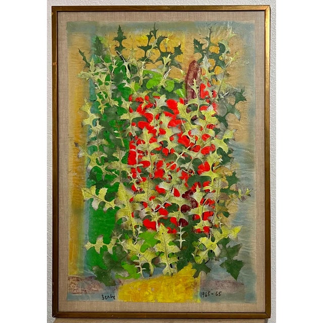 Green Karl Zerbe, Boston Modernist Painting Floral Foliage Collage German Expressionist Karl Zerbe, 1965 For Sale - Image 8 of 17