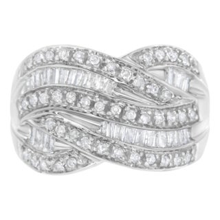 .925 Sterling Silver 1.0 Cttw Channel Set Alternating Round and Baguette Diamond Cross-over Bypass Ring Band, Size 7 For Sale