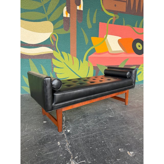 1960s Mid Century Selig Attributed Walnut and Faux Leather Tufted Bench For Sale In Tampa - Image 6 of 11