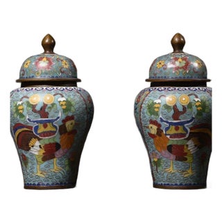 Pair of Vintage Chinese Cloisonné "Rooster & Flowers" Ginger Jars For Sale