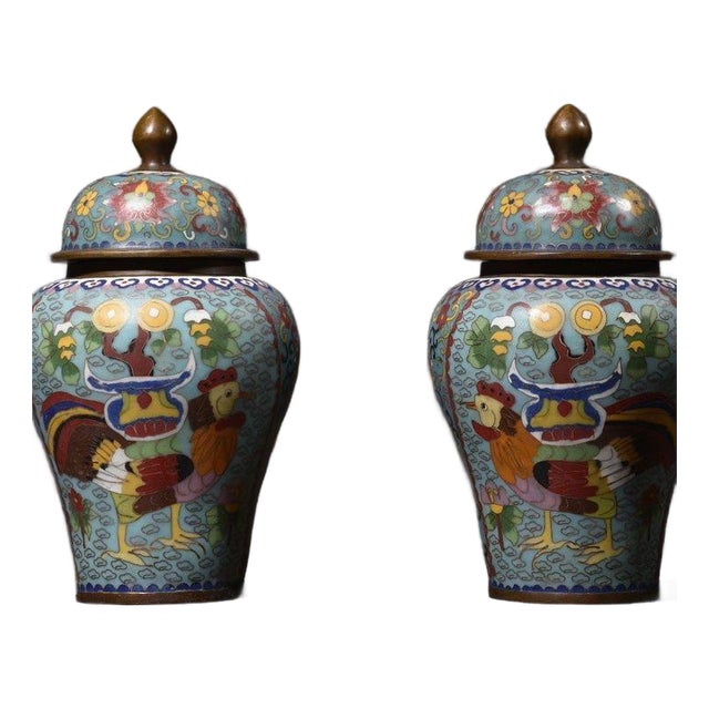 Pair of Vintage Chinese Cloisonné "Rooster & Flowers" Ginger Jars For Sale