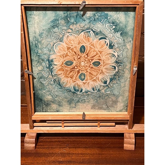 Pair Vintage Asian Batik Mandala Art Table Screen Frame & Mat Print Set For Sale - Image 4 of 6