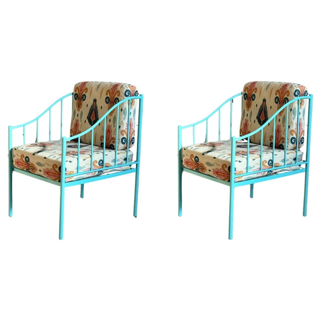 Pair of Wrought Iron Turquoise Lounge Chairs with Outdoor Geometrical Fabric For Sale - Image 16 of 18