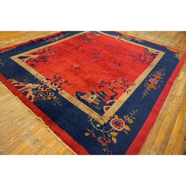 Art Deco 1920s Red Floral Antique Chinese Art Deco Rug 9' X 9'9'' Handknotted Wool Carpet For Sale - Image 3 of 9