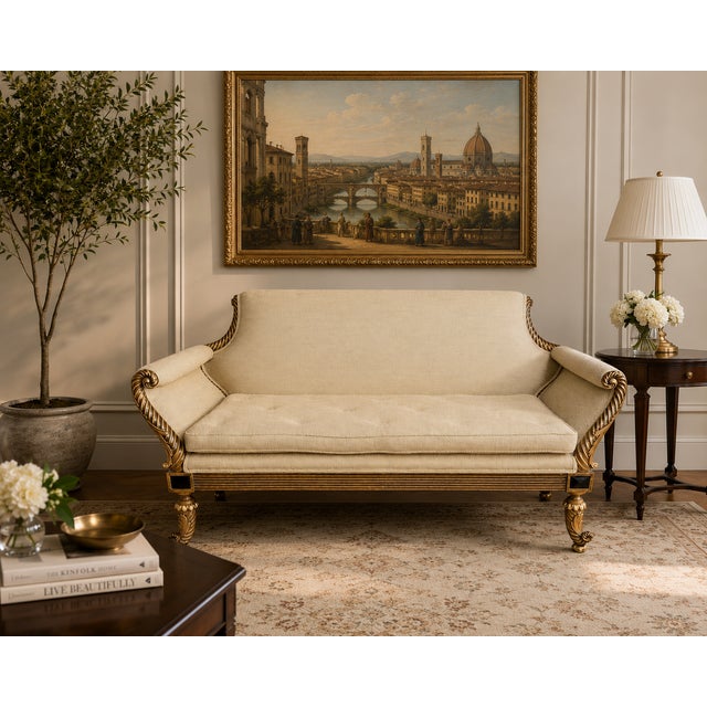 This striking vintage settee showcases an intricately carved rope-twist wooden frame, finished with refined gold leaf...