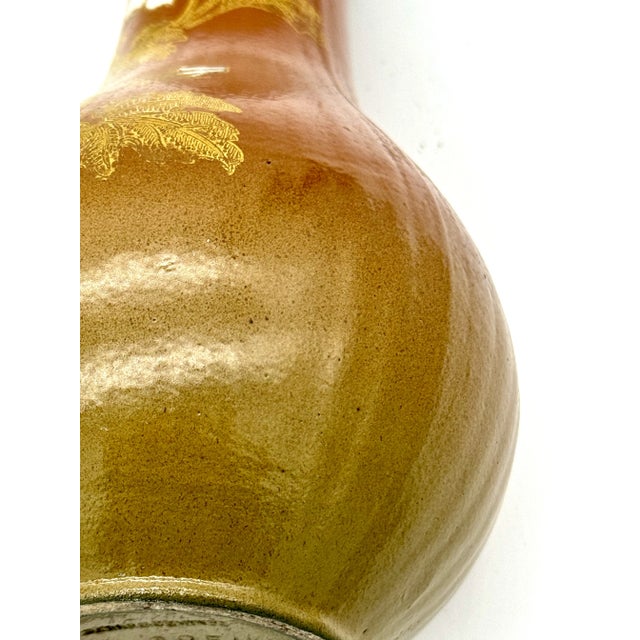 Early 20th Century Antique Sarreuguemines French Art Nouveau Pottery Vase - Hand Painted Gold Gild Floral Design For Sale - Image 5 of 9