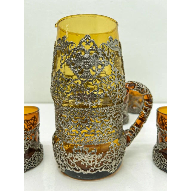 Metal Amber Glass Jug with Matching Glasses and Metal Detailing attributed to Ioannina, Greece, 1960s, Set of 7 For Sale - Image 7 of 11