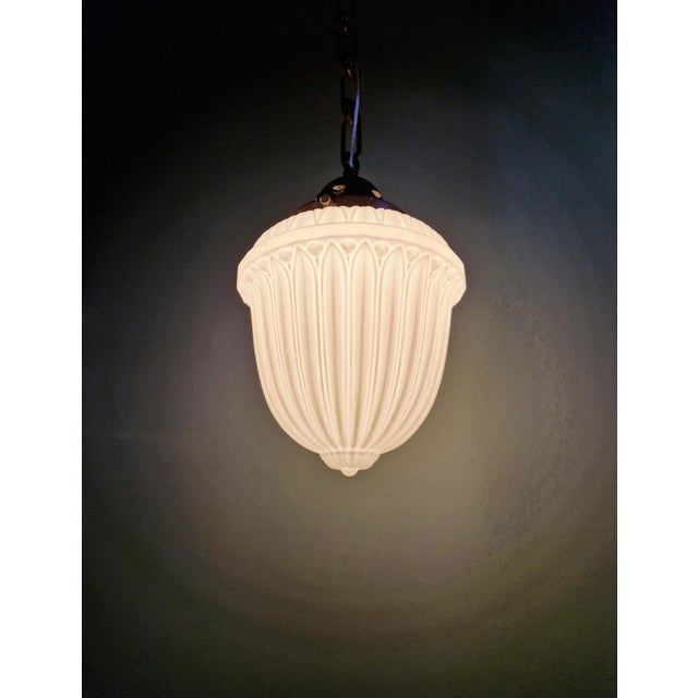 Copper Art Deco Pendant Light in Molded & Pressed White Opaline Glass, 1930s For Sale - Image 8 of 13