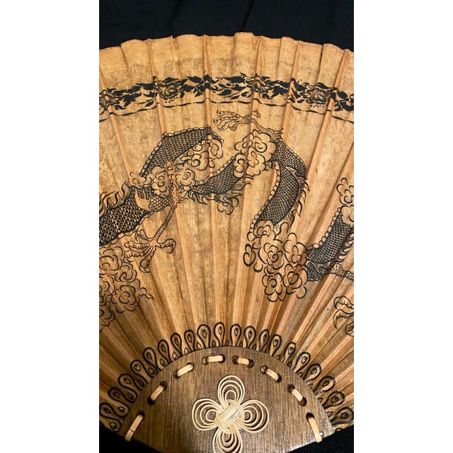 Wood Large Pair Vintage Chinese Dragon Wall Fans 37"l X 23"h - Set of 2 Hand Painted Bamboo Fan | Oriental Decor For Sale - Image 7 of 17