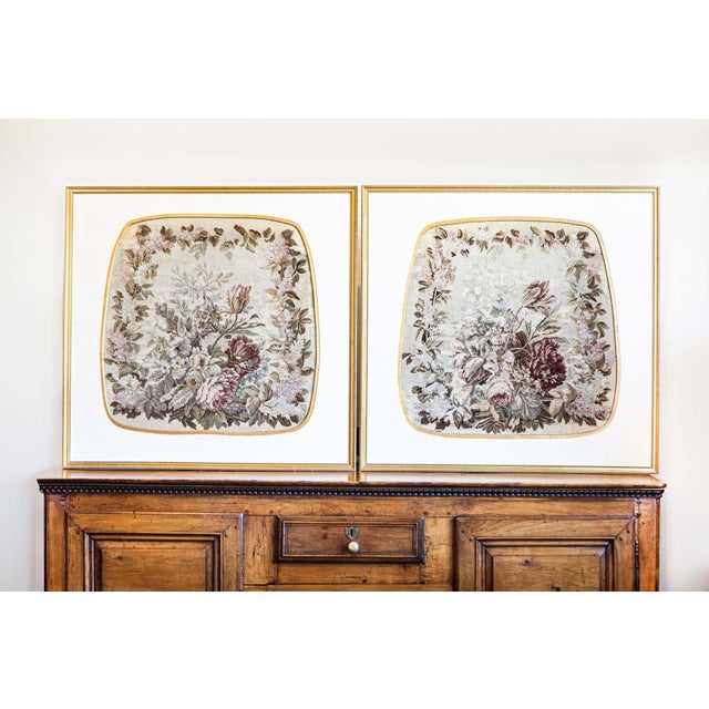 Three French silk Aubusson floral tapestries from the 19th century in carved giltwood frames, priced and sold...