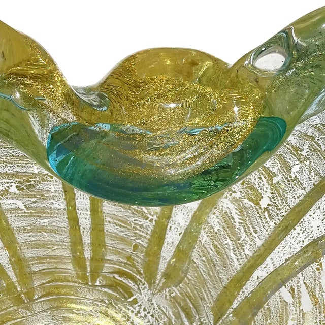 Gold Vintage Murano Barovier Toso Aqua Green Rim Gold Flecks Ribbed Surface Italian Art Glass Decorative Bowl For Sale - Image 8 of 9