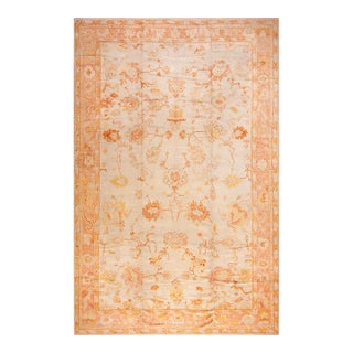 1880s Ivory Field Large Scaletribal Antique Turkish Oushak Rug 11' 10"x18' 2" Handknotted Wool Carpet For Sale