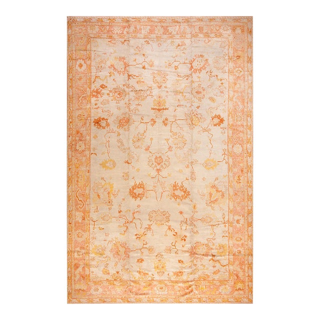 1880s Ivory Field Large Scaletribal Antique Turkish Oushak Rug 11' 10"x18' 2" Handknotted Wool Carpet For Sale