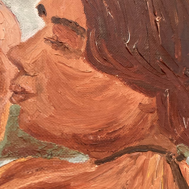 This original 1954 mid-century modern oil-on-board painting captures an intimate portrait of a Polynesian or Hawaiian...