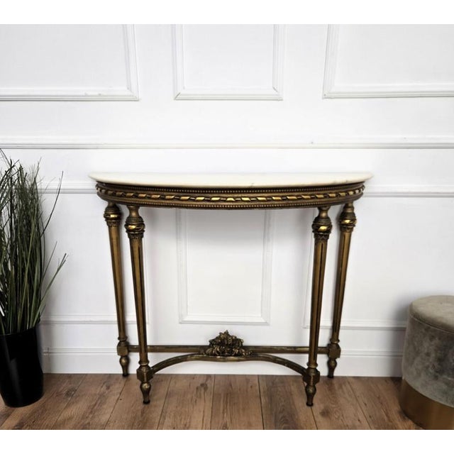Mid-Century Italian Demi Lune Wall Console Table in Gilt Wood with Marble Top, 1950s For Sale - Image 6 of 10