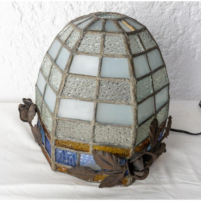 French Art Deco Ceiling Lamp in Lead and Textured Glass, 1930s For Sale - Image 13 of 15