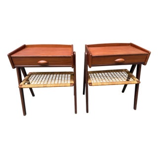 Vintage Danish Teak Nightstands with Rattan Shelves by Søren Rasmussen, 1965, Set of 2 For Sale