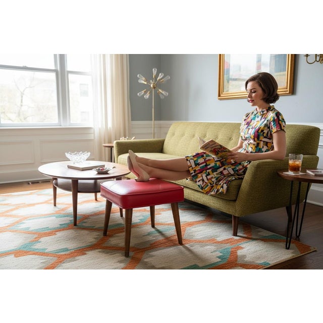 Classic atomic-era mid century modern footstool featuring vibrant red vinyl upholstery and tapered wooden legs. Pieces...