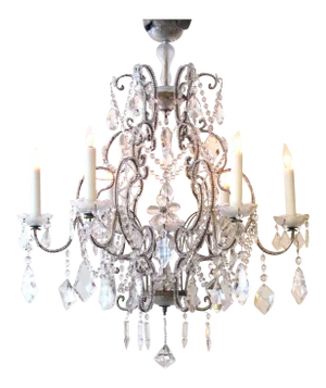 A Lustrous and Graceful Italian Rococo Style Cage-Form Beaded 6-Light Chandelier With Crystal Pendants, Flowers and Swags