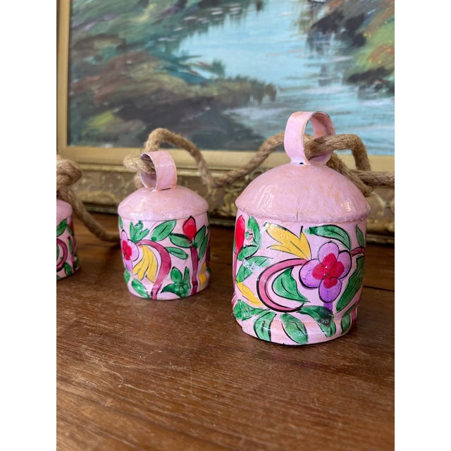 1970s 1970s Hand-Painted Pink Metal Bell Garland With Floral Motif, Set of 6 Decorative Hanging Bells. For Sale - Image 5 of 10