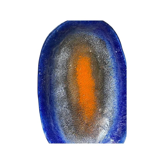 Mid Century Modern Oval Shaped Art Glass Catchall Circa 1960 in Blue, Green, and Orange Tones. Unsigned