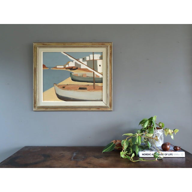 Mid-Century Modern 1958 Mid-Century Modern 'Quiet Mooring' Vintage Swedish Coastal Landscape Oil Painting, Framed For Sale - Image 3 of 12