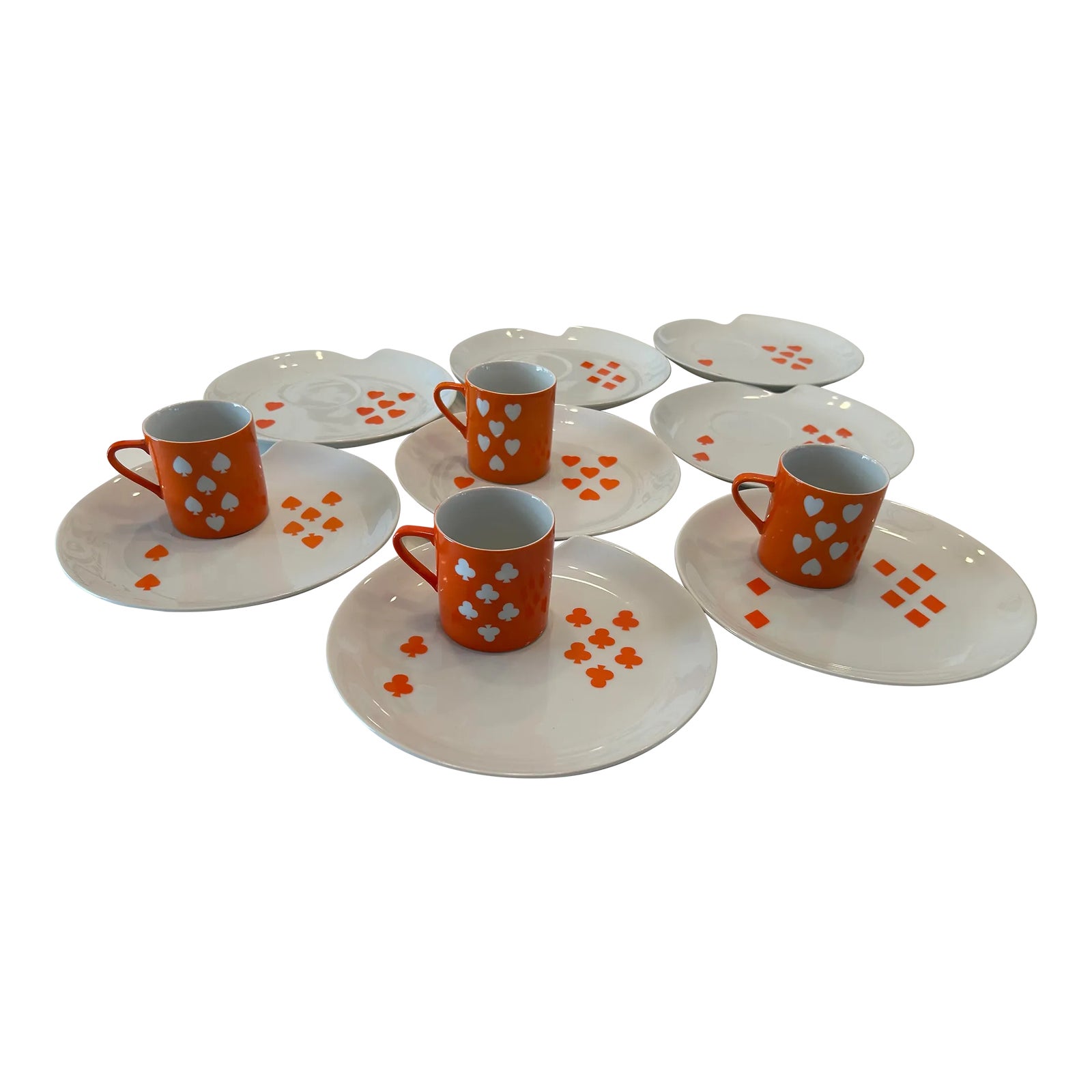 Mid Century 1950s Orange & White “Playing Card” Snack Plates With Cups